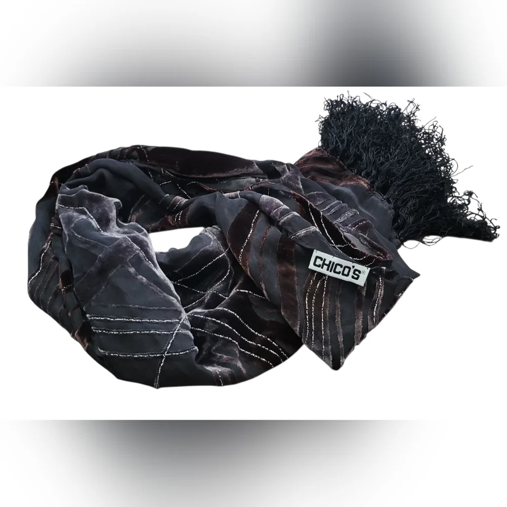 Chico's Vintage Velvet Embellished Metallic Black and Brown Hues Sheer Scarf